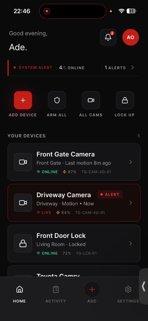 TechGuard app screen — Home